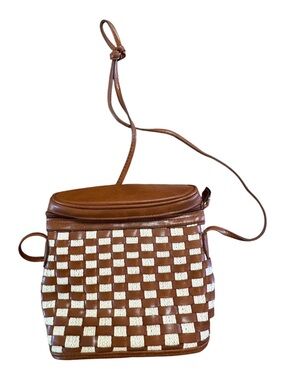 Vintage Woven Leather Crossbody Bag Brown Tan Saddle Boho Checkered